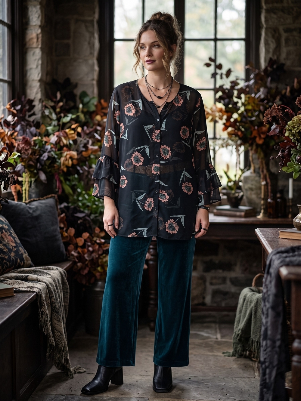 Cabi La Di Dah Blouse Sheer Dark Floral Whimsigoth Ruffle Boho Button Front Top